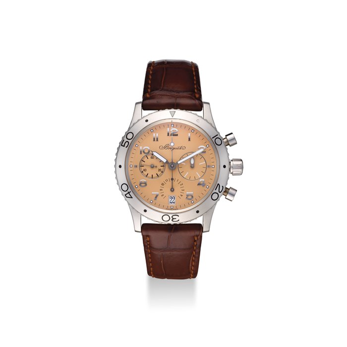 BREGUET. A FINE AND RARE PLATINUM LIMITED EDITION AUTOMATIC FLYBACK CHRONOGRAPH WITH DATE, ORIGINAL BOX SIGNED BREGUET, TYPE XX, TRANSATLANTIQUE EDITION LIMITEE MODEL, NO. 41/90, REF. 3827, MOVEMENT NO. 0’127’628, CASE NO.43’410, CIRCA 2003