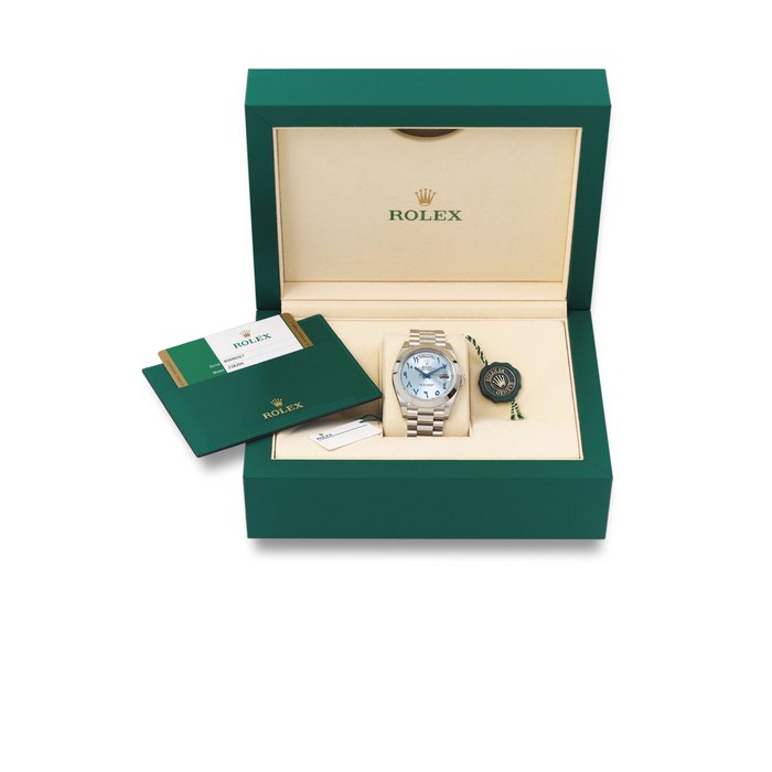 ROLEX. A VERY RARE AND ATTRACTIVE PLATINUM AUTOMATIC WRISTWATCH WITH SWEEP CENTRE SECONDS, DAY, DATE, BRACELET, ARABIC CALENDAR AND NUMERALS SIGNED ROLEX, OYSTER PERPETUAL, DAY-DATE 40 MODEL, REF. 228206, CASE NO. 866965E7, CIRCA 2018