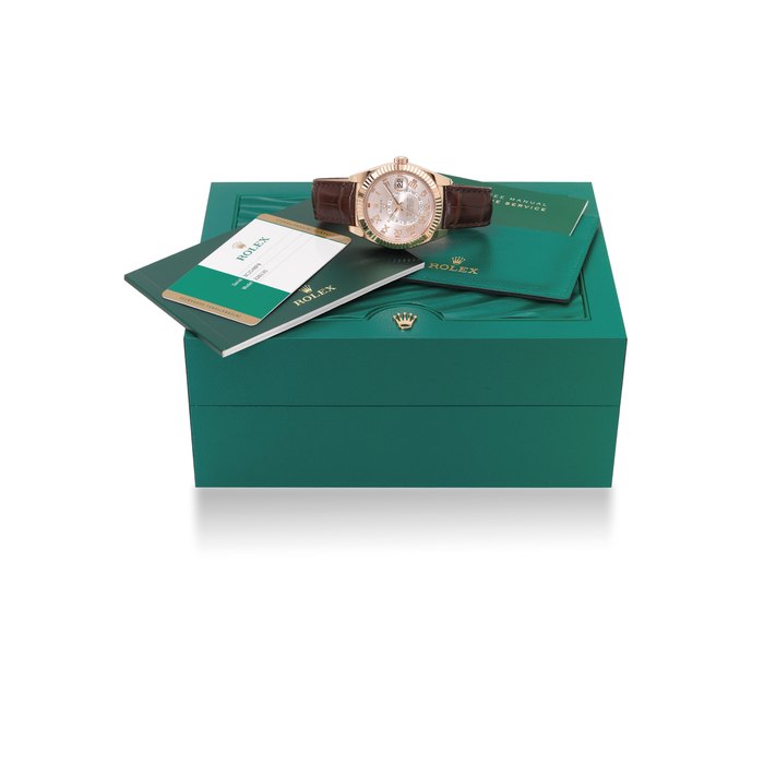 ROLEX. AN EXTREMELY FINE 18K PINK GOLD “EVEROSE” AUTOMATIC, DUAL TIME ,ANNUAL CALENDAR WRISTWATCH WITH SWEEP CENTRE SECONDS, ORIGINAL GUARANTEE AND BOX SIGNED ROLEX, OYSTER PERPETUAL, SKY-DWELLER, REF. 326'135, CASE NO. 3C2148P8, CIRCA 2016