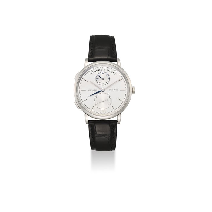 A. LANGE & SÖHNE. AN EXTREMELY FINE AND RARE WHITE GOLD, AUTOMATIC DUAL TIME WRISTWATCH WITH 24-HOUR INDICATION, ORIGINAL GUARANTEE AND BOX SIGNED A. LANGE & SÖHNE, AUTOMATIC, DUAL TIME, REF. 385’026, MOVEMENT NO. 92628, CASE NO. 202’852, CIRCA 2012