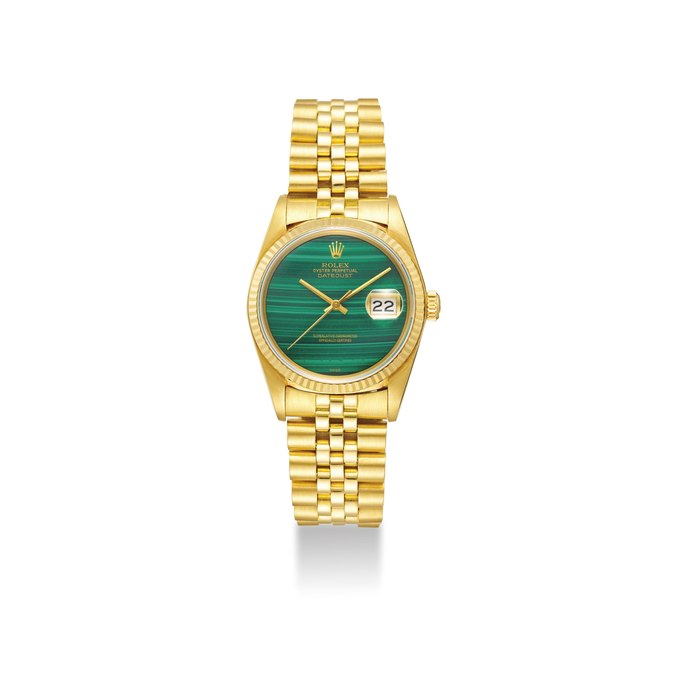 ROLEX. A FINE AND RARE 18K GOLD AUTOMATIC WRISTWATCH WITH SWEEP CENTRE SECOND, DATE, GREEN MALACHITE DIAL AND BRACELET SIGNED ROLEX, OYSTER PERPETUAL, DATEJUST, SUPERLATIVE CHRONOMETER, OFFICIALLY CERTIFIED, REF. 16018/16000, CASE NO. 9’666’243, CIRCA 1987