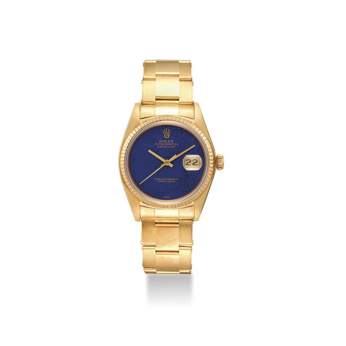 ROLEX. A VERY FINE AND RARE 18K GOLD AUTOMATIC WRISTWATCH WITH LAPIS LAZULI DIAL, SWEEP CENTRE SECONDS, DATE, BRACELET AND ORIGINAL GUARANTEE SIGNED ROLEX, OYSTER PERPETUAL, DATE-JUST, SUPERLATIVE CHRONOMETER, OFFICIALLY CERTIFIED, REF. 16018/16000, CASE NO. 5’283’860, CIRCA 1977