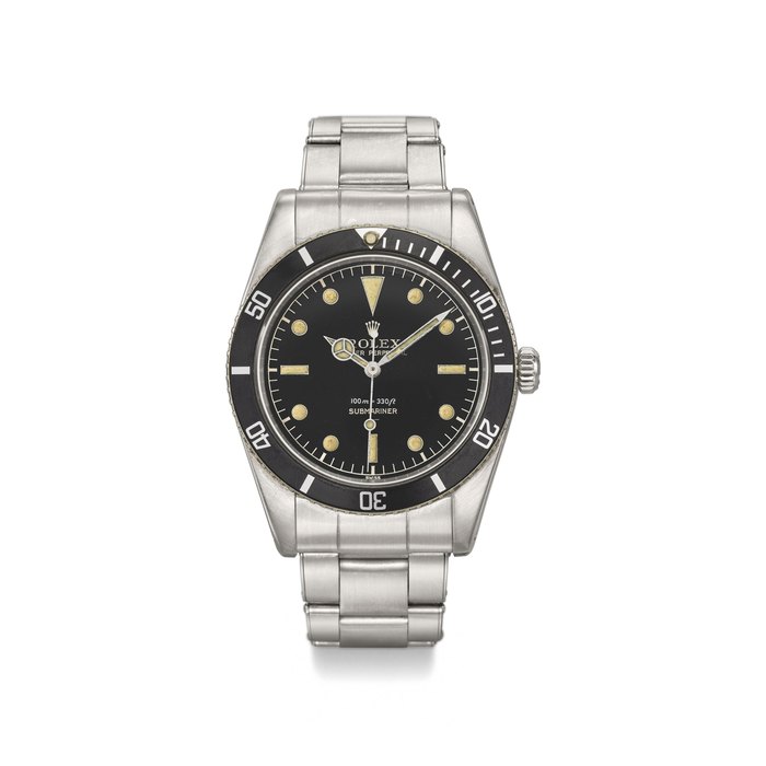 ROLEX. A FINE AND EXTREMLY RARE STAINLESS STEEL AUTOMATIC WRISTWATCH WITH SWEEP CENTRE SECONDS, BLACK GLOSS SWISS UNDERLINE SERVICE DIAL WITH SILVER 100M=330FT DEPTH RATING AND BRACELET SIGNED ROLEX, OYSTER PERPETUAL, SUBMARINER, 100M=330FT, REF. 5508, CASE NO. 488’663, CIRCA 1959