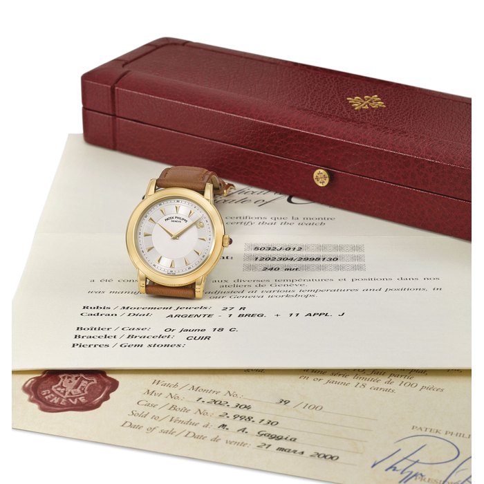 Patek Philippe. A fine and rare 18K gold limited edition automatic wristwatch made for the Patek Philippe Geneva Salons to celebrate the millennium, certificate and box Signed Patek Philippe, Genève, Millennium model, ref. 5032J-012, no. 39/100, movement no. 1'202'304, case no. 2'998'130, circa 2000