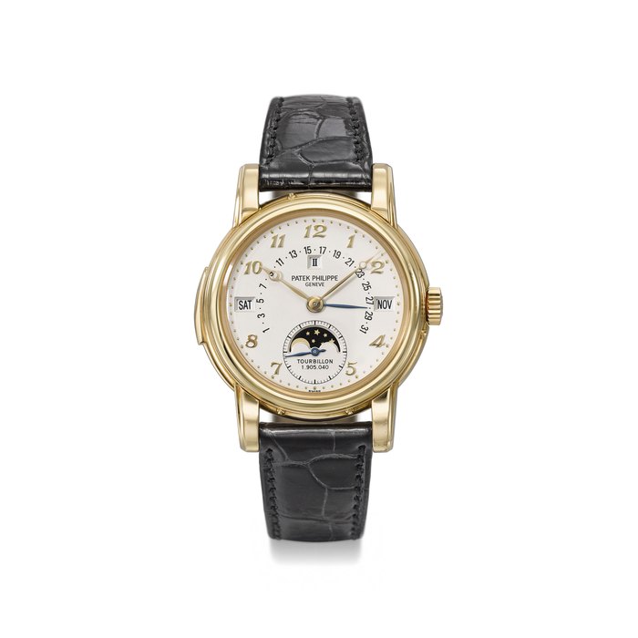PATEK PHILIPPE. AN EXTREMELY RARE AND HIGHLY IMPORTANT 18K GOLD PERPETUAL CALENDAR MINUTE REPEATING WRISTWATCH WITH TOURBILLON, RETROGRADE DATE, MOON PHASES, BREGUET NUMERALS, CERTIFICATES, SECOND CASE BACK AND BOX Signed Patek Philippe, Genève, ref. 5016, movement no. 1’905’040, case no. 2’972’552, manufactured in 1999