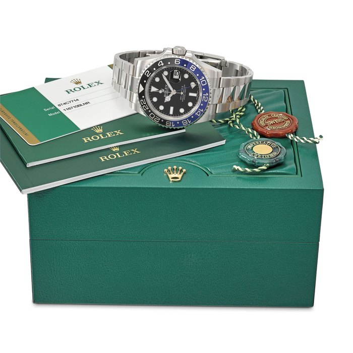Rolex. An attractive stainless steel dual time automatic wristwatch with date, bracelet, guarantee and box Signed Rolex, Oyster Perpetual, Date, GMT-Master II, Ref. 116710BLNR, Case No. 8T4C7714, Circa 2016