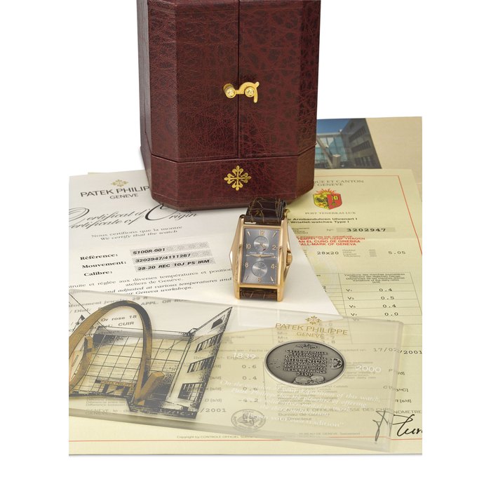 Patek Philippe. A fine, rare and attractive 18K pink gold limited edition rectangular wristwatch with 10 day power reserve, original certificate, commemorative medal, attestation and box Signed Patek Philippe, Genève, Ref. 5100R-001, Movement No. 3’202’947, Case No. 4’111’267, Circa 2002