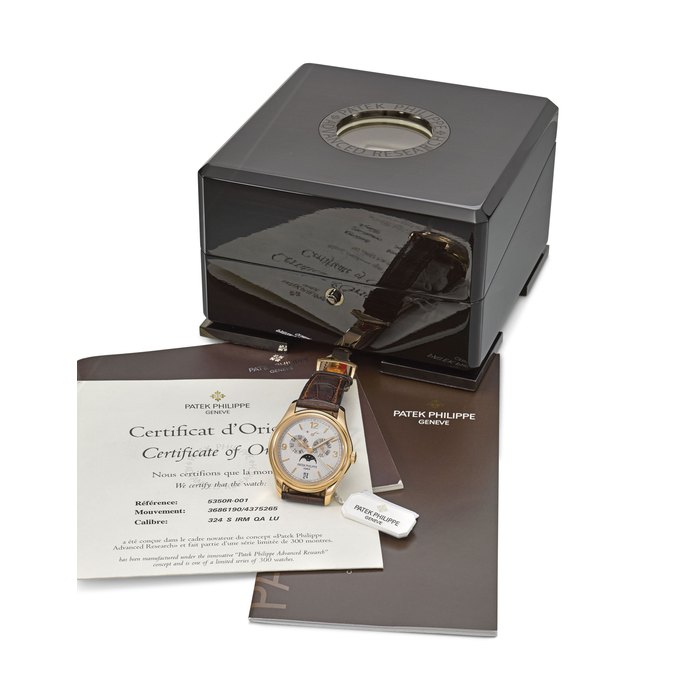 PATEK PHILIPPE. A FINE AND RARE 18K PINK GOLD LIMITED EDITION AUTOMATIC ANNUAL CALENDAR WRISTWATCH WITH SWEEP CENTRE SECONDS, POWER RESERVE INDICATION, MOON PHASES, ORIGINAL CERTIFICATE AND BOX Signed Patek Philippe, Genève, Advanced Research, Annual Calendar model, ref. 5350, movement no. 3’686’190, case no. 4’375’265, circa 2006