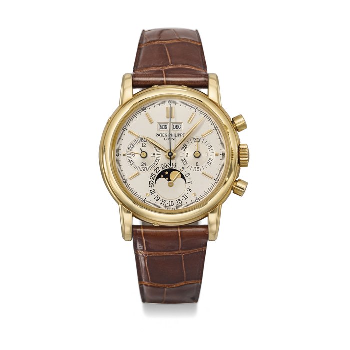 Patek Philippe. A very fine and rare 18K gold perpetual calendar chronograph wristwatch with moon phases, 24 hour and leap year indication Signed Patek Philippe, Genève, Ref. 3971E, movement no. 875’381, case no. 2'851'221, manufactured in 1989