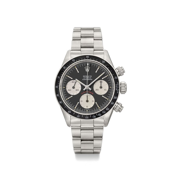 ROLEX. A VERY FINE AND HIGHLY ATTRACTIVE STAINLESS STEEL CHRONOGRAPH WRISTWATCH WITH BRACELET SIGNED ROLEX, COSMOGRAPH, DAYTONA, DAYTONA, “BIG RED” MODEL, REF. 6263, CASE NO. 6’047’309, CIRCA 1979