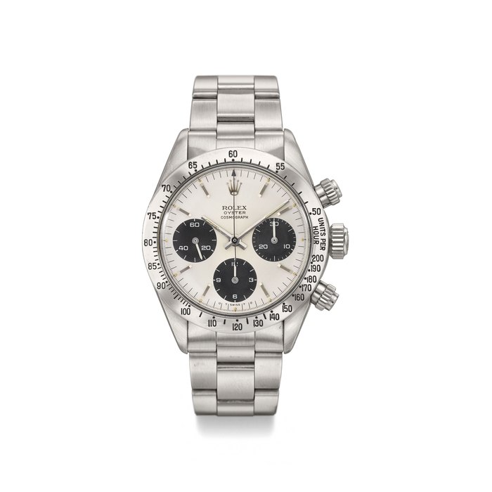 ROLEX. A FINE STAINLESS STEEL CHRONOGRAPH WRISTWATCH WITH BRACELET, BLANK GUARANTEE, BROCHURES, BOX AND “SIGMA DIAL” Signed Rolex, Oyster, Cosmograph, Daytona, ref. 6265, case no. 3’362’577, circa 1973