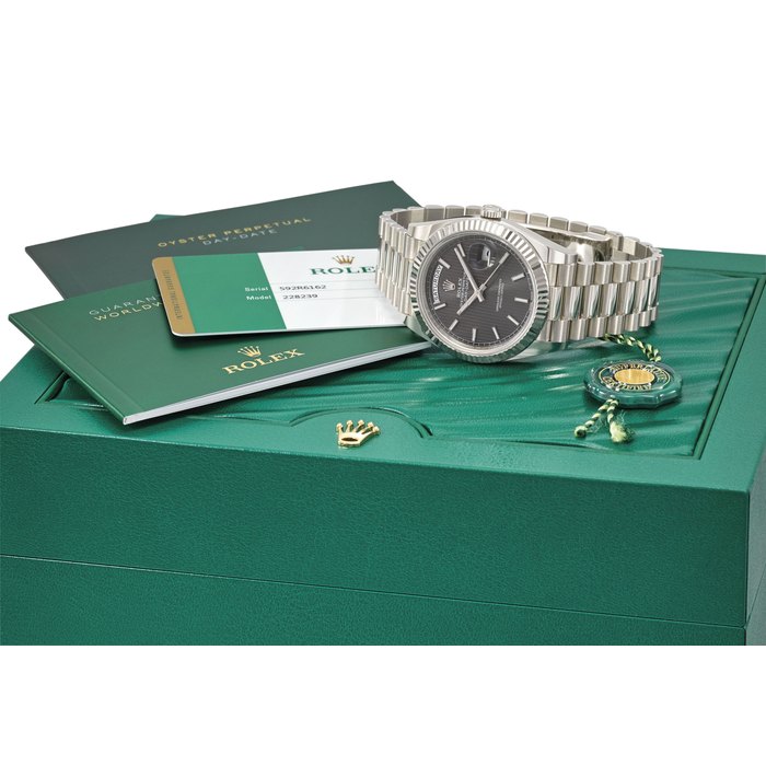 ROLEX. A FINE AND RARE 18K WHITE GOLD AUTOMATIC WRISTWATCH WITH SWEEP CENTRE SECONDS, DAY, DATE, BRACELET, ORIGINAL GUARANTEE AND BOX SIGNED ROLEX, OYSTER PERPETUAL, DAY-DATE, DAY-DATE 40 MODEL, REF. 228239, CASE NO.592R6162, CIRCA 2018