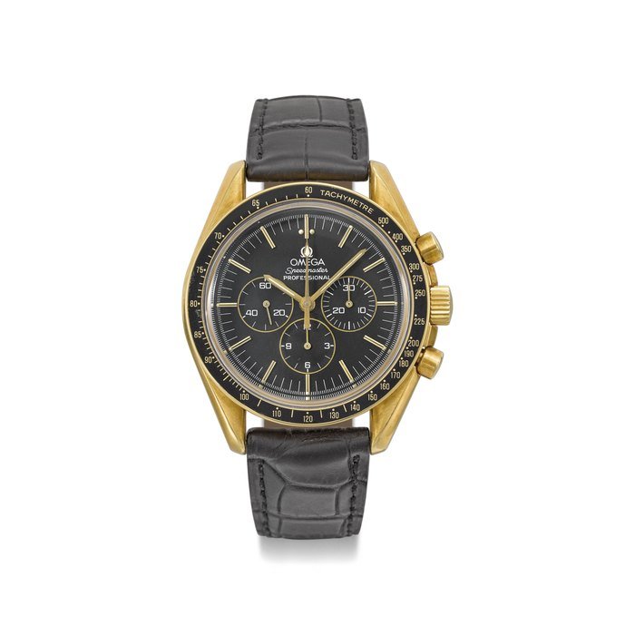 Omega OMEGA. A RARE 18K GOLD LIMITED EDITION CHRONOGRAPH WRISTWATCH WITH BOX, MADE TO COMMEMORATE THE 50TH ANNIVERSARY OF THE MOON CALIBRE “27 CHRO C12”, LATER CALLED “321” SIGNED OMEGA, SPEEDMASTER PROFESSIONAL, LIMITED EDITION 111/999, REF. 145.00.52, CASE NO. 48’305’719, MANUFACTURED IN 1992