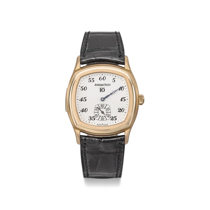 Audemars Piguet. A fine 18K pink gold cushion-shaped minute repeating jump hour wristwatch with Extract from the Register and box Signed Audemars Piguet, Répétition Minutes, John Shaeffer model, ref. 25839OR.A002XX.01, movement no. 412’406, case no. D83150, manufactured in 1996