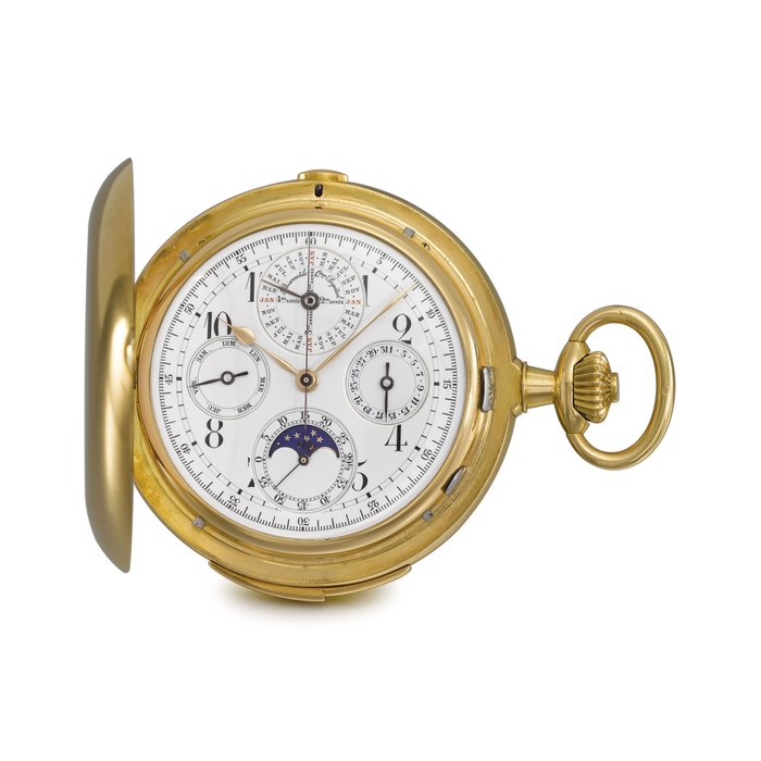 Swiss. A very fine, rare and large 18K gold hunter case minute repeating perpetual calendar keyless lever chronograph watch with moon phases and lunar calendar Unsigned, no. 17070, circa 1900