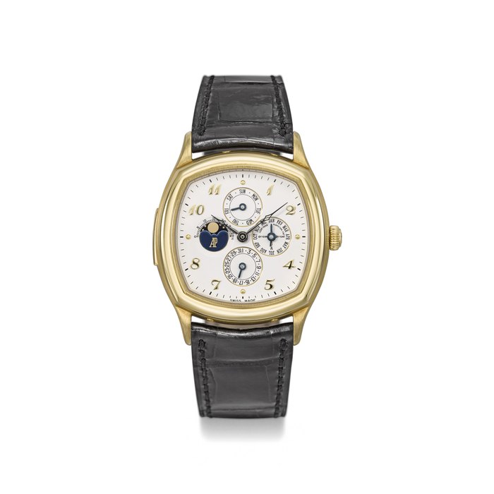 Audemars Piguet. A fine 18K gold cushion-shaped minute repeating perpetual calendar wristwatch with moon phases, Breguet numerals, Extract from the Register and box Signed Audemars Piguet, Répétition Minutes, Quantième Perpétuel, No. 2, John Shaeffer model, ref. 25835BA.00.A002XX.01, movement no. 442'822, case no. D77818, manufactured in 1997