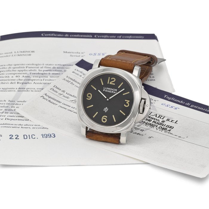 Panerai. A rare and large stainless steel cushion-shaped wristwatch with certificate Signed Panerai, Luminor, Officine Panerai Firenze, no. 0555, ref. 5218-201/A, circa 1993