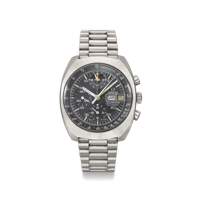 Omega Omega. A fine and very rare stainless steel chronograph pre-series prototype wristwatch with day, date and bracelet Signed Omega, Speedmaster, Automatic, pre-series prototype model, no. 3, case Ref. 11000, circa 1974