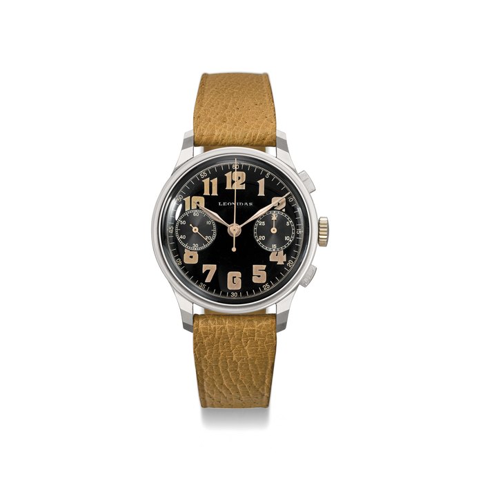 LEONIDAS. A RARE AND ATTRACTIVE STAINLESS STEEL CHRONOGRAPH WRISTWATCH WITH BLACK LACQUER MILITARY DIAL SIGNED LEONIDAS, CASE NO. 22’383, CIRCA 1930