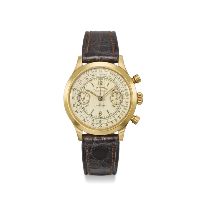 ROLEX. A FINE, RARE AND EARLY 18K GOLD CHRONOGRAPH WRISTWATCH SIGNED ROLEX, OYSTER, ANTIMAGNETIC, REF. 3525, CASE NO. 147’845, CIRCA 1940