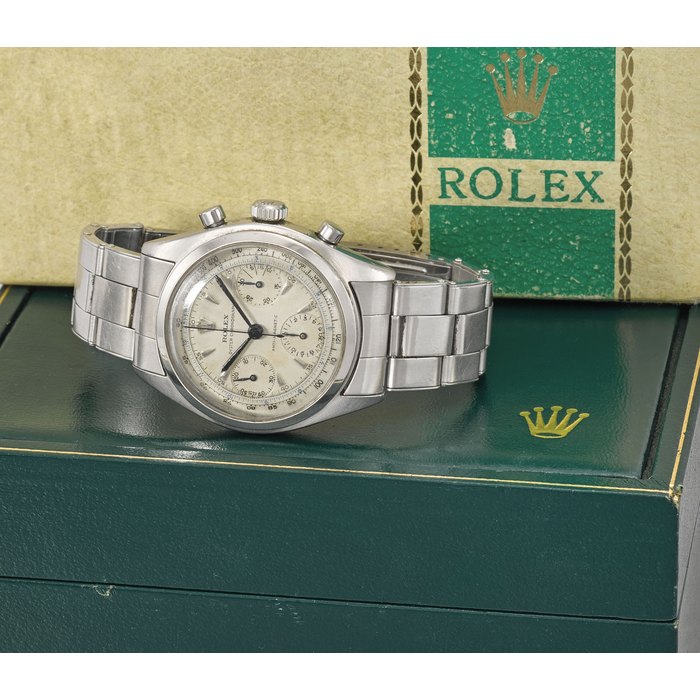 ROLEX. A FINE AND RARE STAINLESS STEEL CHRONOGRAPH WRISTWATCH WITH BOX SIGNED ROLEX, OYSTER, ANTIMAGNETIC, REF. 6034, CASE NO. 907’744, CIRCA 1952