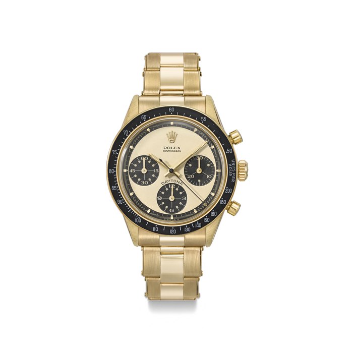 ROLEX. AN EXTREMELY RARE AND HIGHLY ATTRACTIVE 14K GOLD CHRONOGRAPH WRISTWATCH WITH PAUL NEWMAN DIAL AND BRACELET SIGNED ROLEX, COSMOGRAPH, DAYTONA, PAUL NEWMAN MODEL, REF. 6241, CASE NO. 2’084’220, CIRCA 1969