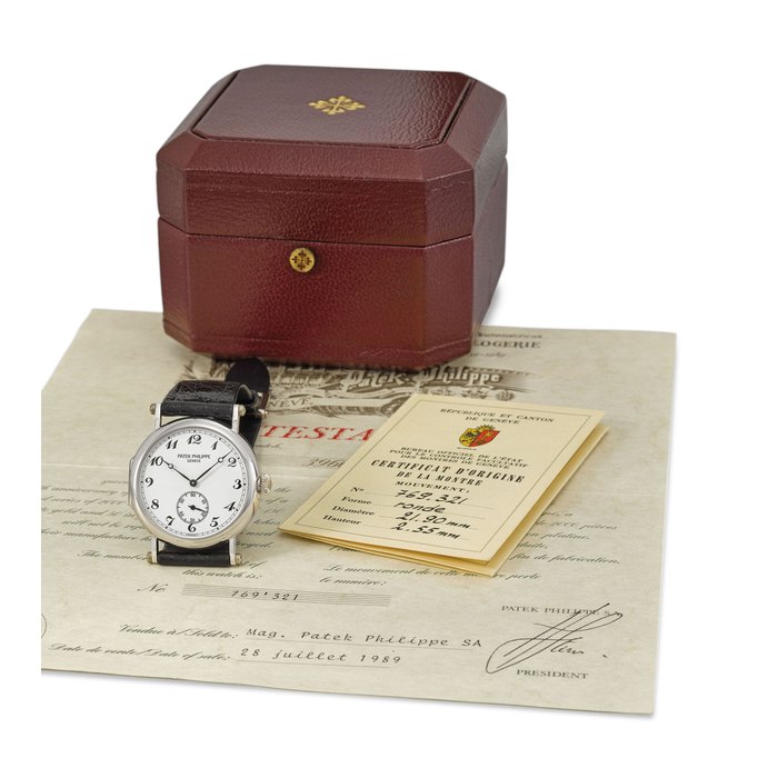 Patek Philippe. A fine and very rare 18K white gold limited edition wristwatch with Breguet numerals, attestation and box, made to commemorate the 150th anniversary of Patek Philippe Signed Patek Philippe, Geneve, 150e Anniversaire 1839 ~ 1989 model, ref. 3960, movement no. 769’321, case no. 2’864’233, manufactured in 1989