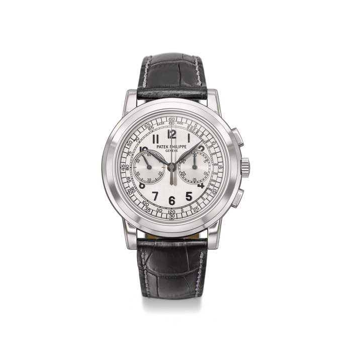 PATEK PHILIPPE. A LARGE AND FINE 18K WHITE GOLD CHRONOGRAPH WRISTWATCH Signed Patek Philippe, Genève, ref. 5070, movement no. 3’362’638, case no. 4’310’196, manufactured in 2005
