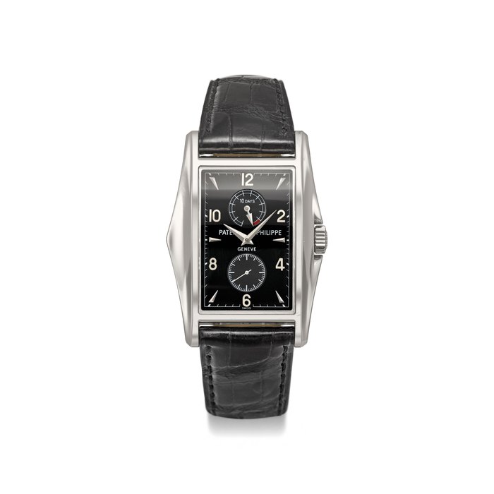 PATEK PHILIPPE. A VERY FINE, RARE AND UNUSUAL PLATINUM LIMITED EDITION RECTANGULAR TWIN BARREL WRISTWATCH WITH 10 DAYS POWER RESERVE, ORIGINAL CERTIFICATES AND BOX Signed Patek Philippe, Genève, 10 days, ref. 5100P-001, movement no. 3’203’683, case no. 4’124’004, circa 2000
