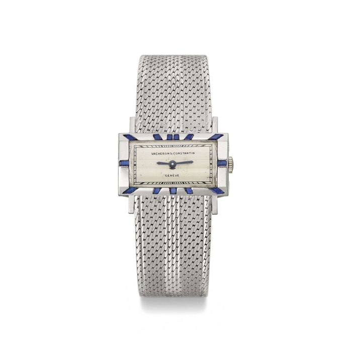 VACHERON CONSTANTIN. A RARE PLATINUM AND SAPPHIRE-SET RECTANGULAR HORIZONTAL BRACELET WATCH WITH FACETED SAPPHIRE CRYSTAL, GAY FRERES 18K WHITE GOLD BRACELET AND BOX Signed Vacheron & Constantin, Genève, movement no. 380’107, case no. 260’748, manufactured in 1936