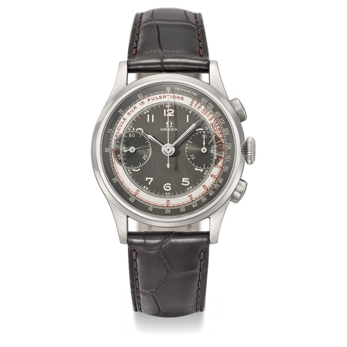 Omega. A very fine, large and attractive stainless steel chronograph wristwatch with two-tone slate-grey and white dial and pulsometre scale Signed Omega, ref. CK 987, movement no. 10'389'160, case no. 987/2, manufactured in 1947