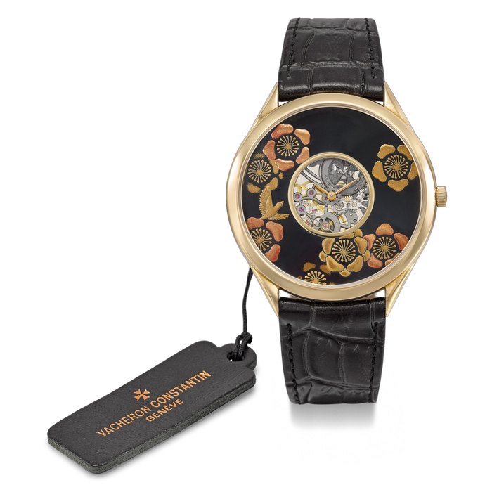 VACHERON CONSTANTIN. A VERY FINE AND RARE LIMITED EDITION 18K PINK GOLD SKELETONISED WRISTWATCH WITH JAPANESE LACQUER PLUM TREE AND NIGHTINGALE DIAL Signed Vacheron Constantin, Genève, Métiers d’Art Collection, La Symbolique des Laques, “Sho Chiku Bai” Model, Ref. 33222/000R-9517, Movement No. 883088, Case No. 1’194’016, Manufactured in 2010