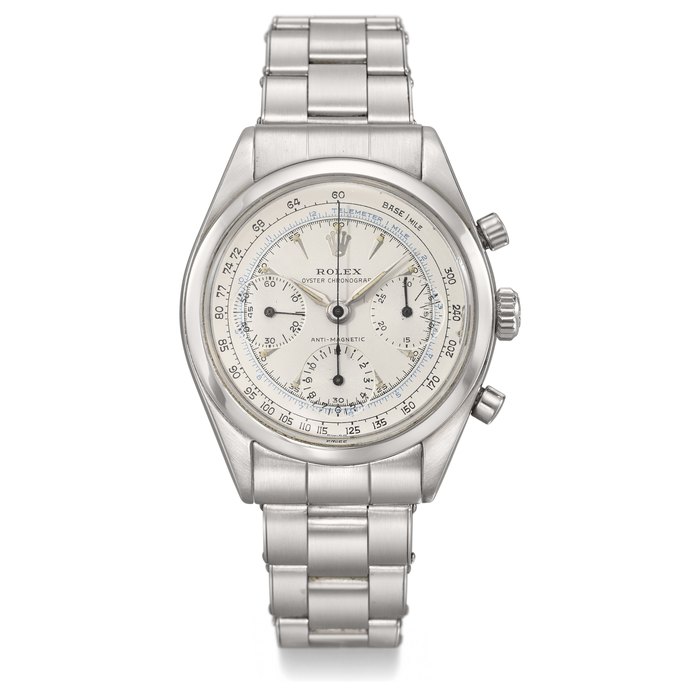 ROLEX. A RARE STAINLESS STEEL CHRONOGRAPH WRISTWATCH WITH TRANSITIONAL TWO-SCALE DIAL AND BRACELET SIGNED ROLEX, OYSTER CHRONOGRAPH, ANTIMAGNETIC, REF. 6238, CASE NO. 950’394, CIRCA 1963