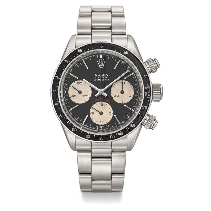 ROLEX. A VERY RARE AND ATTRACTIVE STAINLESS STEEL CHRONOGRAPH WRISTWATCH WITH BRACELET SIGNED ROLEX, OYSTER COSMOGRAPH, DAYTONA, REF. 6263, CASE NO. 8’750’989, CIRCA 1984