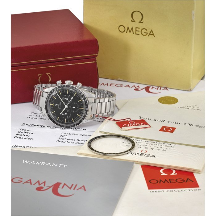 Omega OMEGA. A RARE STAINLESS STEEL CHRONOGRAPH WRISTWATCH WITH BRACELET, BLANK ORIGINAL GUARANTEE AND BOX SIGNED OMEGA, SPEEDMASTER, REF. 105.003-65, MOVEMENT NO. 24’011’781, CIRCA 1966