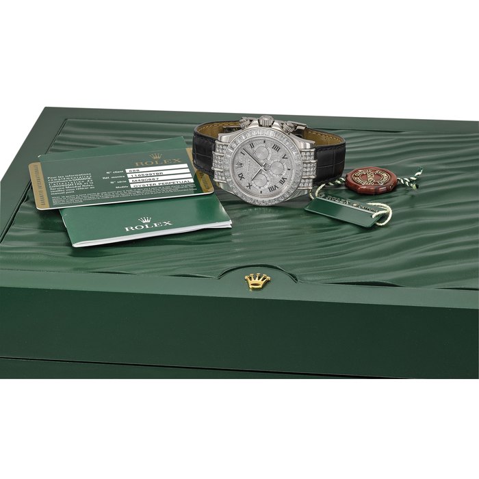 ROLEX. AN EXTREMELY RARE AND HIGHLY ATTRACTIVE 18K WHITE GOLD AND DIAMOND-SET AUTOMATIC CHRONOGRAPH WRISTWATCH WITH ORIGINAL GUARANTEE AND BOX SIGNED ROLEX, DAYTONA MODEL, REF. 116599 TBR, CASE NO. M490887, CIRCA 2010