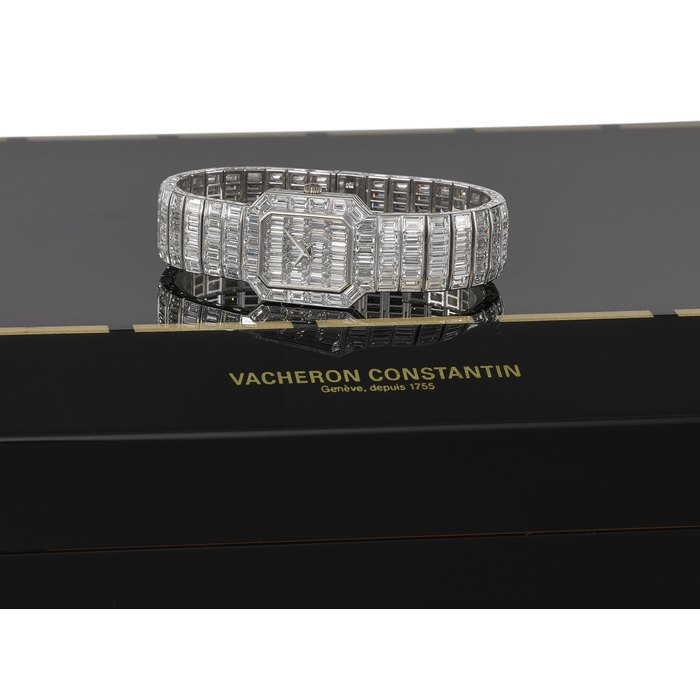 Vacheron Constantin. A spectacular 18K white gold and diamond-set wristwatch with Certificate of Authenticity and original “Loupe d’Orme” wooden box Signed Vacheron Constantin, Lady Kalla Pagode model, ref. 15542/973G-7, movement no. 713’926, case no. 616’260, manufactured in 1991