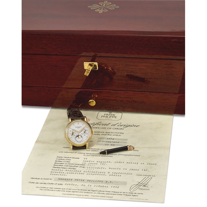 Patek Philippe. An extremely fine and very rare 18K gold automatic minute repeating perpetual calendar wristwatch with moon phases, Certificate of Origin and box Signed Patek Philippe, Genève, ref. 3974, movement no. 1'906'013, case no. 2'867'036, manufactured in 1990