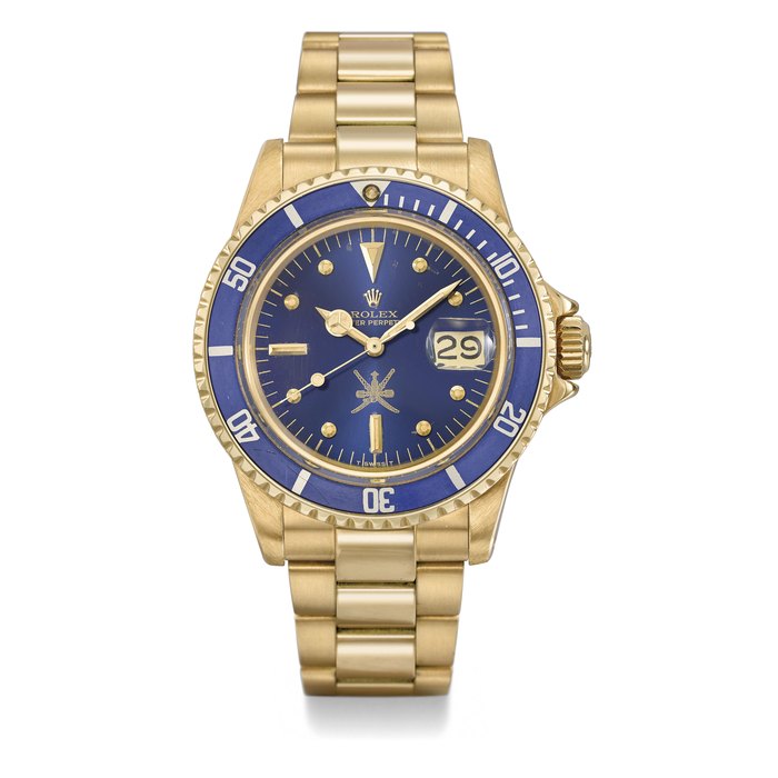 ROLEX. AN EXTREMELY RARE AND IMPORTANT 18K GOLD AUTOMATIC WRISTWATCH WITH SWEEP CENTRE SECONDS, DATE AND BRACELET WITH PAT. PENDING DIVER EXTENSION, MADE FOR THE SULTANATE OF OMAN Signed Rolex, Oyster Perpetual, Submariner, Ref. 1680, Case No. 3’566’321, Circa 1973