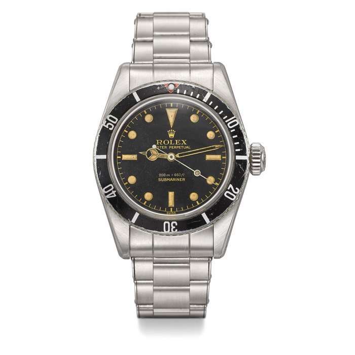 ROLEX. A VERY RARE STAINLESS STEEL AUTOMATIC WRISTWATCH WITH SWEEP CENTRE SECONDS AND “BIG LOGO” BRACELET SIGNED ROLEX, OYSTER PERPETUAL, SUBMARINER, 200M=660FT, REF. 5510, CASE NO. 362’289, CIRCA 1958