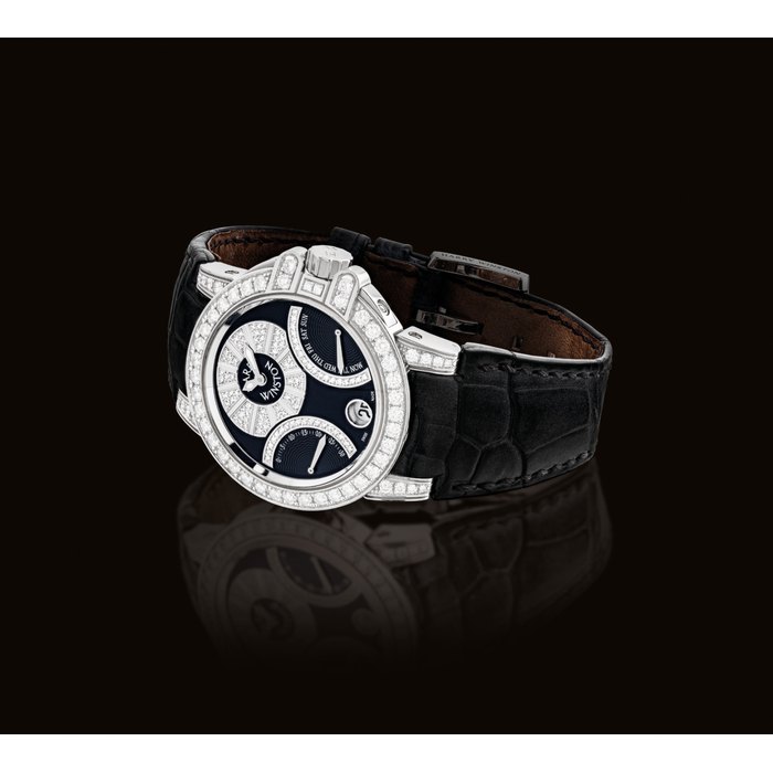 HARRY WINSTON. A FINE 18K WHITE GOLD AND DIAMOND-SET AUTOMATIC WRISTWATCH WITH DATE, RETROGRADE SECONDS AND DAY SIGNED HARRY WINSTON, OCEAN BIRETROGRADE MODEL, REF. 400-UA BI36W, CASE NO. 030'714 AND 283, CIRCA 2010
