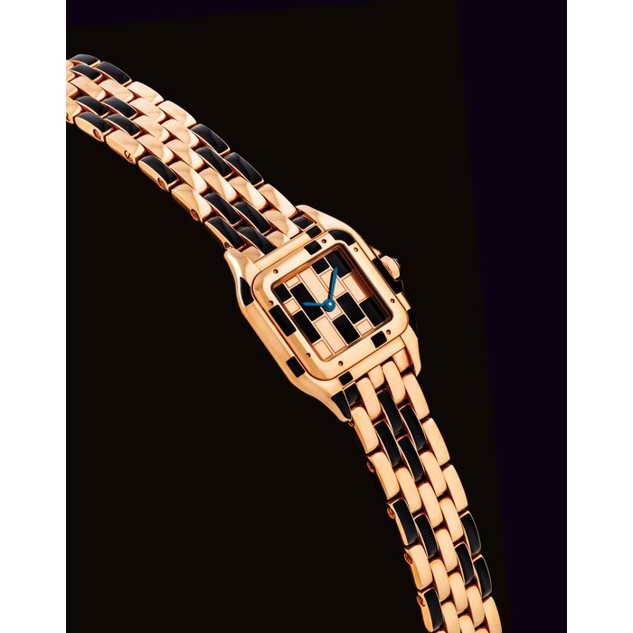 CARTIER. A LADY'S UNUSUAL 18K PINK GOLD AND BLACK LACQUER WRISTWATCH WITH BRACELET SIGNED CARTIER, PANTHERE MODEL, CASE NO. 26890XX, CIRCA 2012