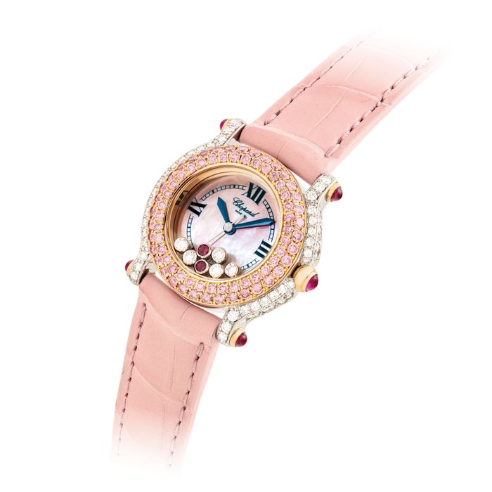 CHOPARD. A LADY’S FINE 18K TWO-COLOUR GOLD, DIAMOND, PINK DIAMOND AND RUBY-SET WRISTWATCH WITH MOTHER-OF-PEARL DIAL SIGNED CHOPARD, HAPPY SPORT MODEL, REF. 27/6244/401, CASE NOS. 423'904 AND 4142, CIRCA 2006