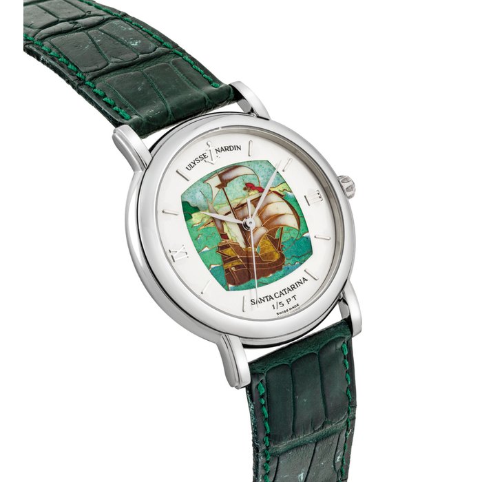 ULYSSE NARDIN. A FINE AND VERY RARE PLATINUM LIMITED EDITION AUTOMATIC WRISTWATCH WITH SWEEP CENTRE SECONDS AND CLOISONNÉ ENAMEL DIAL SIGNED ULYSSE NARDIN, SAN MARCO MODEL, "SANTA CATARINA", NO. 1/5, REF. 139-70-9, MOVEMENT NO. 11378, CIRCA 1996