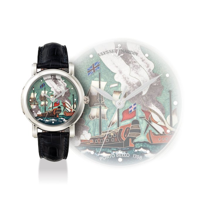 ULYSSE NARDIN. A FINE AND RARE PLATINUM LIMITED EDITION AUTOMATIC WRISTWATCH WITH SWEEP CENTRE SECONDS AND CLOISONNÉ ENAMEL DIAL SIGNED ULYSSE NARDIN, SAN MARCO MODEL, "PORTO BELLO", REF. 139-10, NO. 25/30, CIRCA 2006