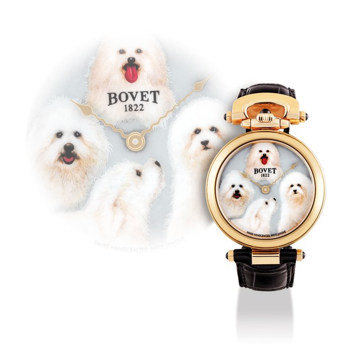 BOVET. A FINE AND UNIQUE 18K PINK GOLD AUTOMATIC WRISTWATCH WITH HAND-PAINTED MOTHER-OF-PEARL DIAL WITH MINIATURE OF FOUR DOGS SIGNED BOVET, FLEURIER, PIECE UNIQUE, REF. D814, MOVEMENT NO. 014937, CASE NO. 008838, CIRCA 2007