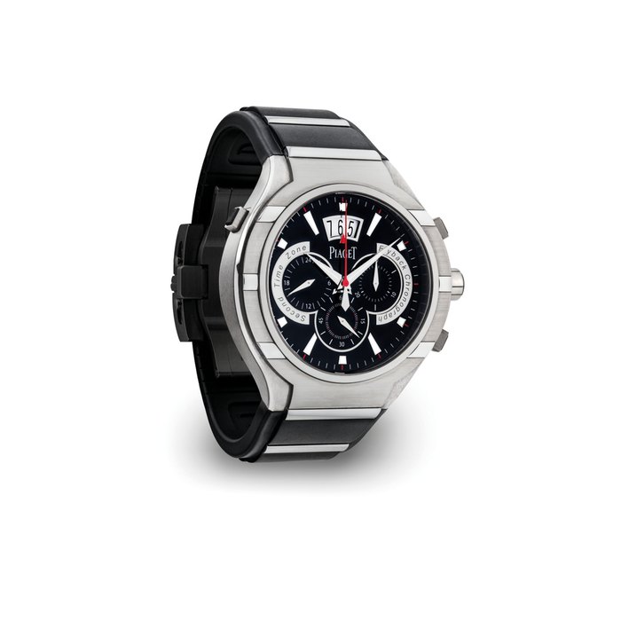 PIAGET. A FINE TITANIUM AUTOMATIC FLYBACK CHRONOGRAPH WRISTWATCH WITH DATE AND DUAL TIME SIGNED PIAGET, POLO MODEL, REF. P10534, CASE NO. 1'001'453, CIRCA 2009