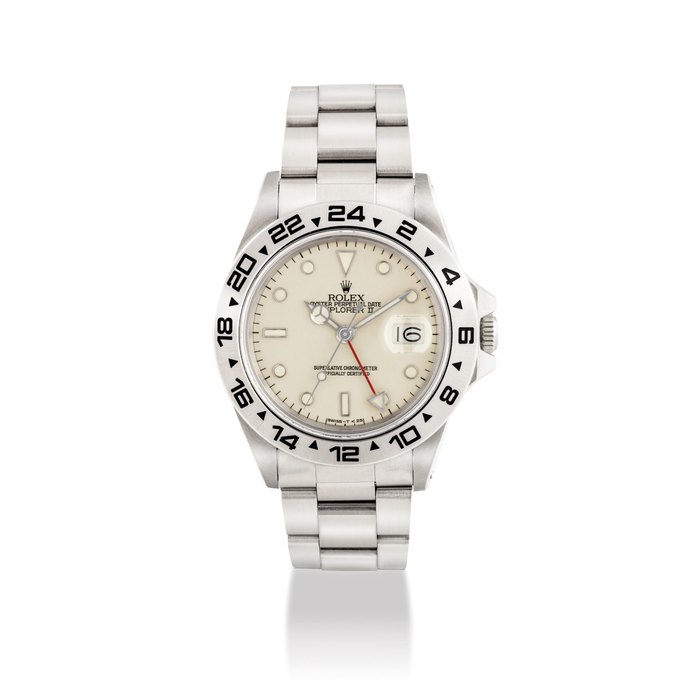 ROLEX. A RARE AND ATTRACTIVE STAINLESS STEEL AUTOMATIC DUAL TIME WRISTWATCH WITH SWEEP CENTRE SECONDS, DATE, BRACELET AND IVORY COLOURED DIAL SIGNED ROLEX, OYSTER PERPETUAL, EXPLORER II MODEL, REF. 16550, CASE NO. 9'376'009, CIRCA 1987