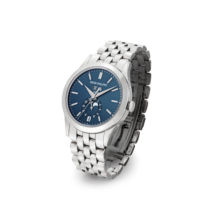 PATEK PHILIPPE. A FINE 18K WHITE GOLD AUTOMATIC ANNUAL CALENDAR WRISTWATCH WITH SWEEP CENTRE SECONDS, MOON PHASES, 24 HOUR INDICATION AND BRACELET SIGNED PATEK PHILIPPE, GENEVE, REF. 5396/1G, MOVEMENT NO. 5'683'708, CASE NO. 4'569'899, MANUFACTURED IN 2012