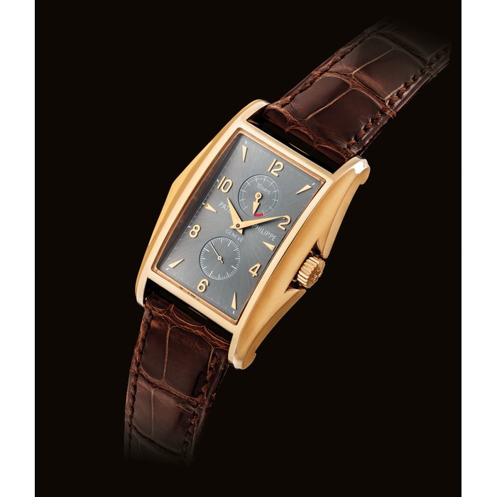 PATEK PHILIPPE. A FINE AND RARE 18K PINK GOLD LIMITED EDITION RECTANGULAR WRISTWATCH WITH 10 DAY POWER RESERVE, MADE TO COMMEMORATE THE MILLENNIUM SIGNED PATEK PHILIPPE, REF. 5100, MOVEMENT NO. 3'201'389, CASE NO. 4'124'306, MANUFACTURED IN 2000